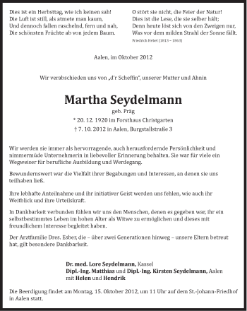 Traueranzeige von Matha Seydelmann von Schwäbische Post