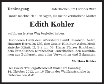 Traueranzeige von Edith Kohler von Schwäbische Post