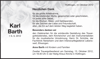Traueranzeige von Karl Barth von Schwäbische Post