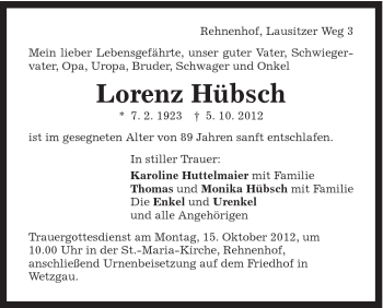 Traueranzeige von Lorenz Hübsch von Gmünder Tagespost