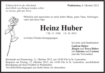 Traueranzeige von Heinz Huber von Gmünder Tagespost