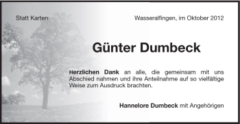 Traueranzeige von Günter Dumbeck von Schwäbische Post