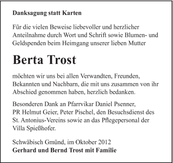 Traueranzeige von Berta Trost von Gmünder Tagespost