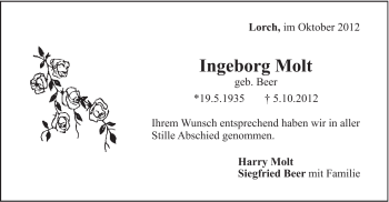 Traueranzeige von Ingeborg Molt von Gmünder Tagespost