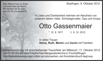 Traueranzeige von Otto Gassenmaier von Schwäbische Post