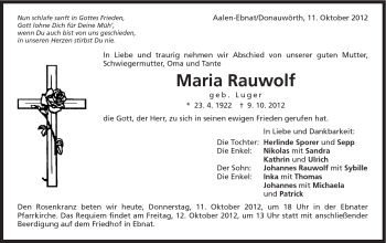 Traueranzeige von Maria Rauwolf von Schwäbische Post