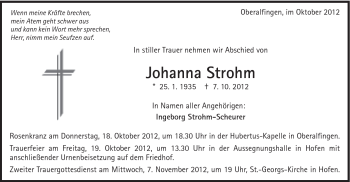 Traueranzeige von Johanna Strohm von Schwäbische Post