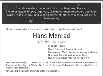 Traueranzeige von Hans Menrad von Gmünder Tagespost