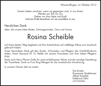 Traueranzeige von Rosina Scheible von Schwäbische Post