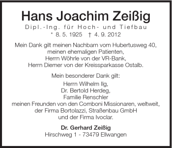 Traueranzeige von Hans Joachim Zeißig von Schwäbische Post