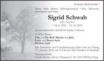 Traueranzeige von Sigrid Schwab von Gmünder Tagespost
