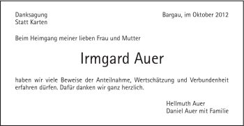 Traueranzeige von Irmgard Auer von Gmünder Tagespost