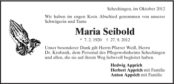 Traueranzeige von Maria Seibold von Gmünder Tagespost