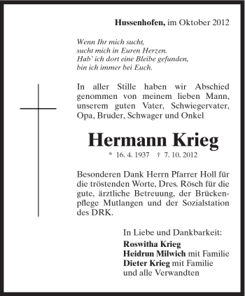 Traueranzeige von Hermann Krieg von Gmünder Tagespost