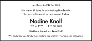 Traueranzeige von Nadine Knoll von Schwäbische Post