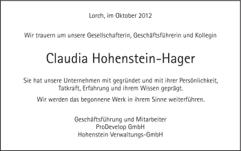 Traueranzeige von Claudia Hohenstein-Hager von Gmünder Tagespost