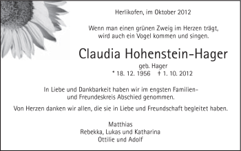 Traueranzeige von Claudia Hohenstein-Hager von Gmünder Tagespost