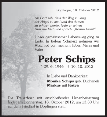 Traueranzeige von Peter Schips von Schwäbische Post