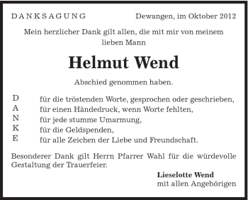 Traueranzeige von Helmut Wend von Schwäbische Post