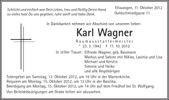 Traueranzeige von Karl Wagner von Schwäbische Post