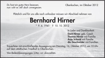 Traueranzeige von Bernhard Hirner von Schwäbische Post