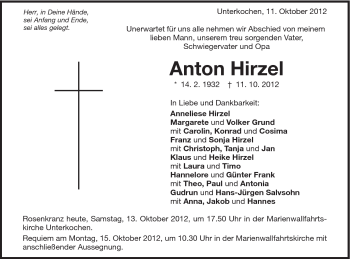 Traueranzeige von Anton Hirzel von Schwäbische Post