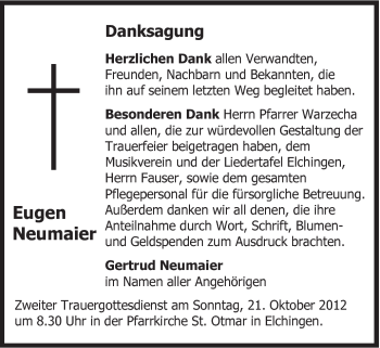Traueranzeige von Eugen Neumaier von Schwäbische Post