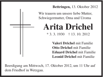 Traueranzeige von Arita Drichel von Gmünder Tagespost