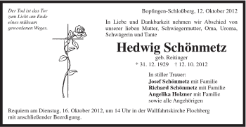 Traueranzeige von Hedwig Schönmetz von Schwäbische Post