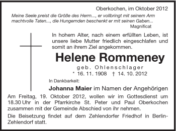 Traueranzeige von Helene Rommeney von Schwäbische Post