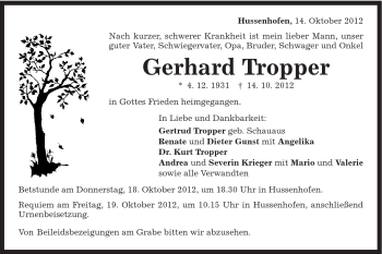 Traueranzeige von Gerhard Tropper von Gmünder Tagespost
