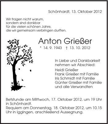Traueranzeige von Anton Grießer von Gmünder Tagespost