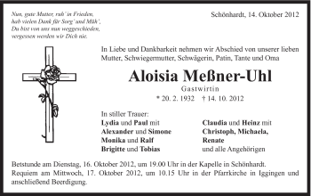 Traueranzeige von Aloisia Meßner-Uhl von Gmünder Tagespost