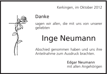 Traueranzeige von Inge Neumann von Schwäbische Post