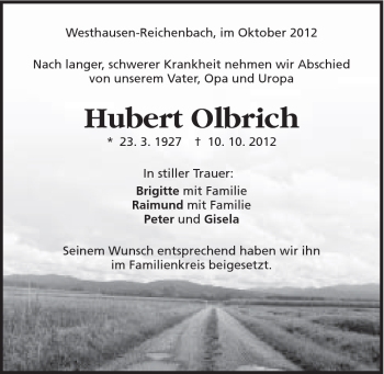 Traueranzeige von Hubert Olbrich von Schwäbische Post