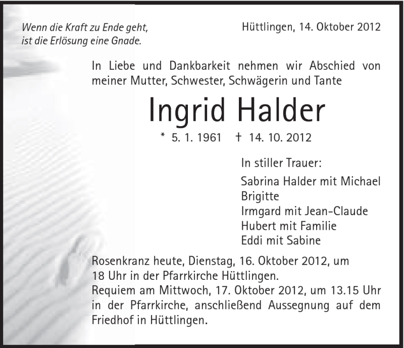  Traueranzeige für Ingrid Halder vom 16.10.2012 aus Schwäbische Post