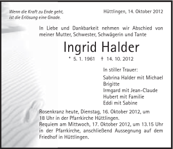 Traueranzeige von Ingrid Halder von Schwäbische Post