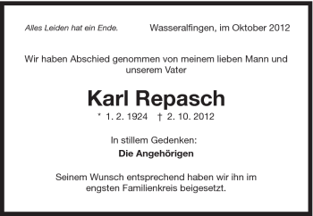 Traueranzeige von Karl Repasch von Schwäbische Post