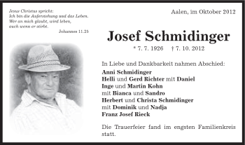 Traueranzeige von Josef Schmidinger von Schwäbische Post