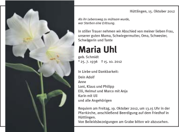 Traueranzeige von Maria Uhl von Schwäbische Post