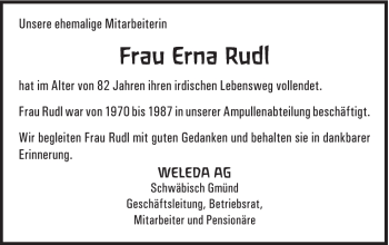 Traueranzeige von Erna Rudl von Gmünder Tagespost