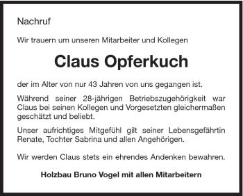 Traueranzeige von Claus Opferkuch von Schwäbische Post