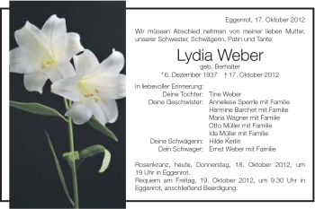 Traueranzeige von Lydia Weber von Schwäbische Post