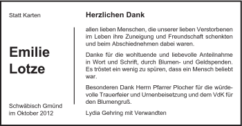 Traueranzeige von Emilie Lotze von Gmünder Tagespost