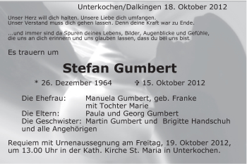 Traueranzeige von Stefan Gumbert von Schwäbische Post