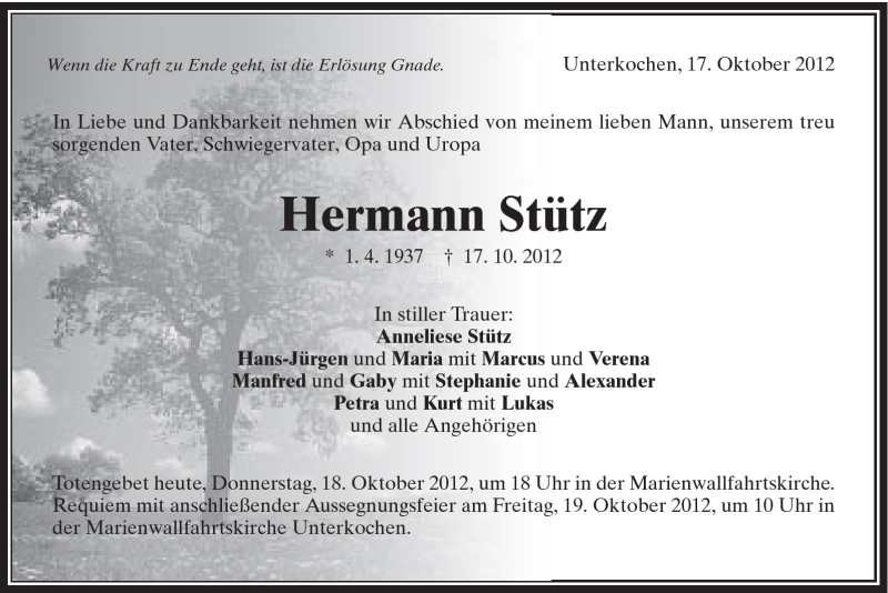  Traueranzeige für Hermann Stütz vom 18.10.2012 aus Schwäbische Post