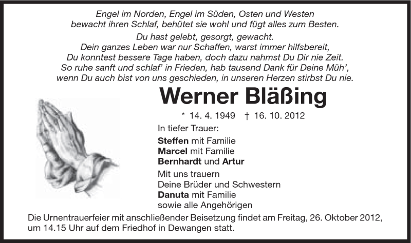  Traueranzeige für Werner Bläßing vom 24.10.2012 aus Schwäbische Post
