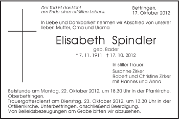 Traueranzeige von Elisabeth Spindler von Gmünder Tagespost