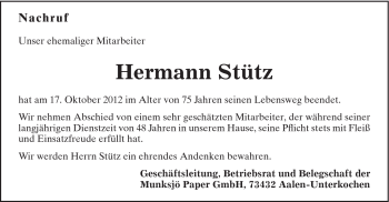 Traueranzeige von Hermann Stütz von Schwäbische Post