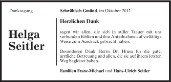 Traueranzeige von Helga Seitler von Gmünder Tagespost